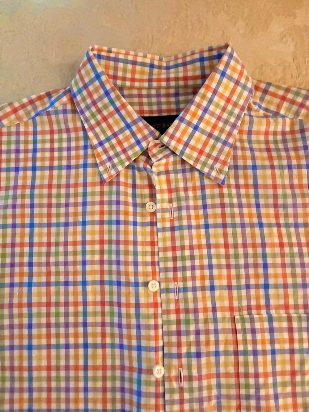 Scott Barber Men’s Colorful Plaid Short Sleeved Shirt Size Large 100% Cotton